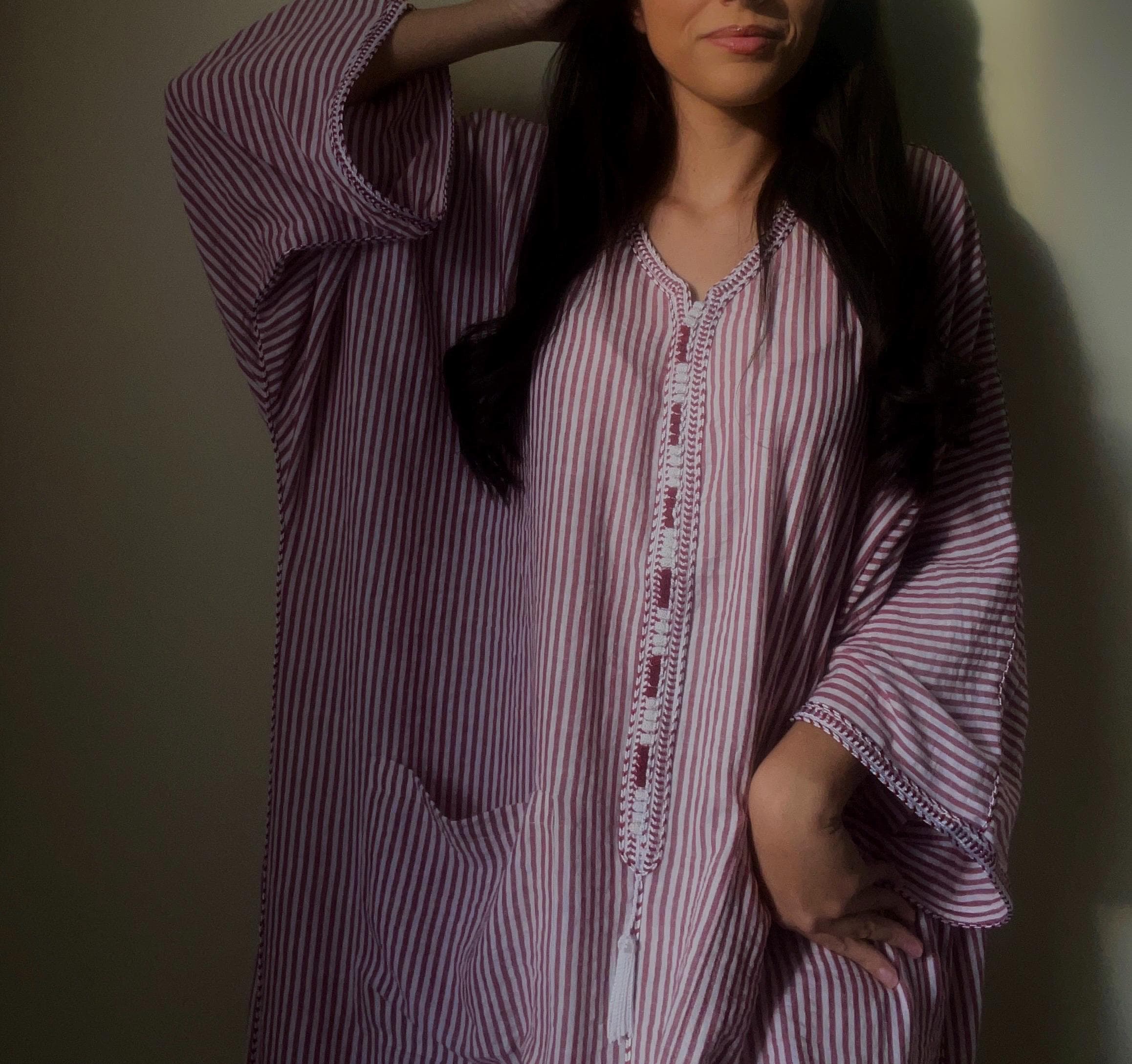 Gandoura Marocaine Femme En Coton Effet Lin – Rose Rayé, Sans Manches, Taille Unique