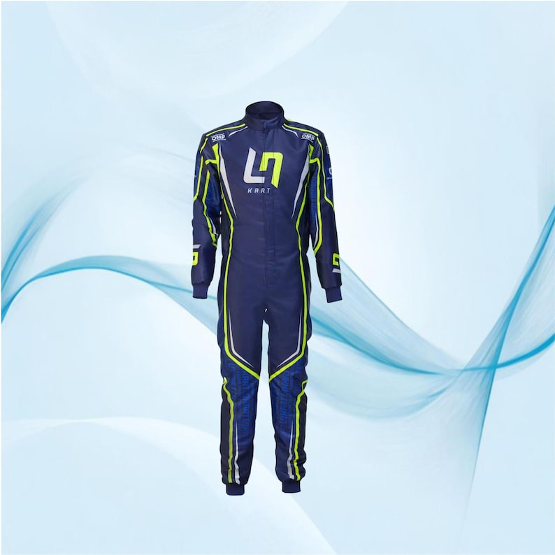 May include: Navy blue racing suit with neon yellow and white accents. The suit features the number 5 on the sleeves and the word "KRAT" below a stylized logo on the chest. The suit has a high collar and long sleeves.