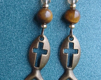 Ichthus Tiger's Eye Earrings