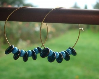 Blue Glass On Hoops Earrings