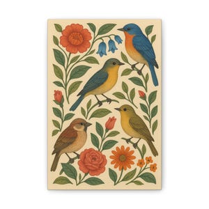 Floral Bird Canvas Wall Art, Nature Decor, Colorful Printed Stretched Canvas, Gift for Bird Lovers, Home Decor, Vintage Style