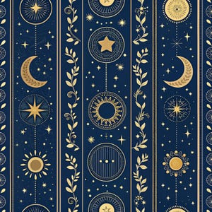 May include: A dark blue fabric pattern featuring vertical stripes of gold celestial motifs including stars, crescent moons, and suns, interspersed with delicate gold vine illustrations. The design is symmetrical and repetitive throughout the surface.