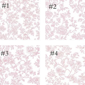 May include: Four square images showcasing floral patterns in shades of pink on a white background. Each image features a different arrangement of flowers and foliage, with the numbers #1, #2, #3, and #4 in the top left corners.