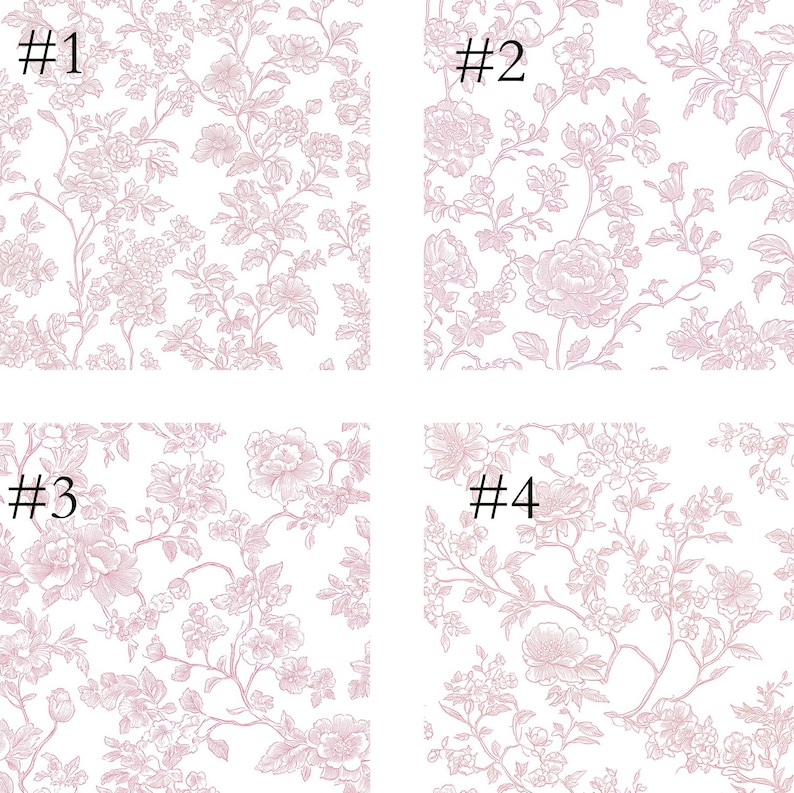 May include: Four square images showcasing floral patterns in shades of pink on a white background. Each image features a different arrangement of flowers and foliage, with the numbers #1, #2, #3, and #4 in the top left corners.