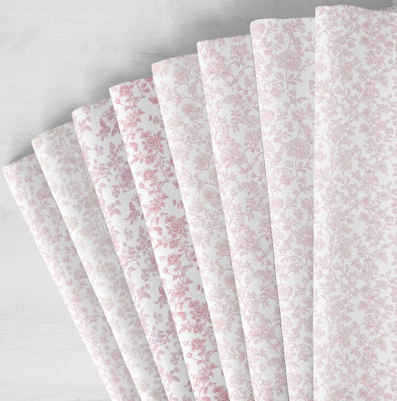 Pink Toile De Jouy Fabric, Pink Floral Pattern, 100% cotton fabric, By The Half Yard