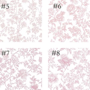 May include: Four sections of floral wallpaper samples. Each sample features a different arrangement of pink flowers and foliage on a white background. The designs include roses and other detailed floral patterns, suitable for home decor.