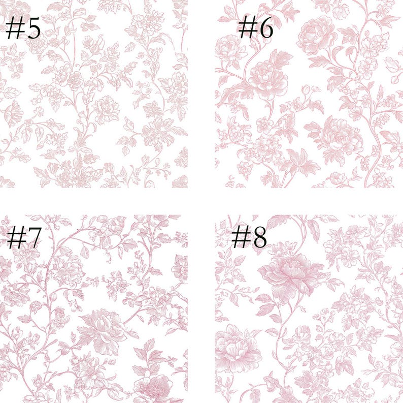 May include: Four sections of floral wallpaper samples. Each sample features a different arrangement of pink flowers and foliage on a white background. The designs include roses and other detailed floral patterns, suitable for home decor.