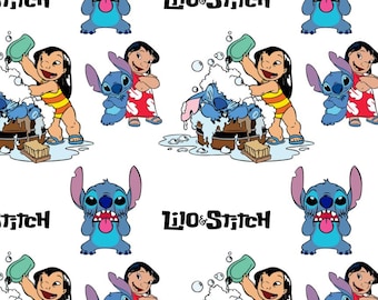 Tessuto divertente con il cartone animato Lilo Stitch - Tessuto in puro cotone, da 1/2 iarda