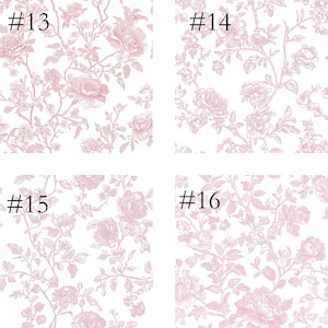 May include: Four floral patterns in pink and white. Each pattern features a different arrangement of flowers and foliage. The numbers #13, #14, #15, and #16 are printed in black in the upper left corner of each pattern.