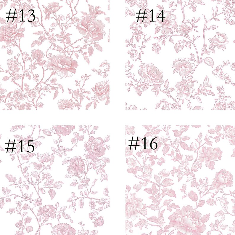 May include: Four floral patterns in pink and white. Each pattern features a different arrangement of flowers and foliage. The numbers #13, #14, #15, and #16 are printed in black in the upper left corner of each pattern.