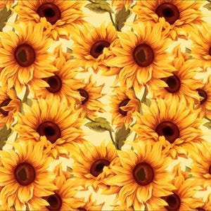 May include: A repeating pattern of sunflowers in full bloom. The flowers have bright yellow petals and dark brown centers. The background is a soft yellow, creating a warm and inviting floral design.