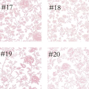 May include: Four sections of floral wallpaper samples. Each sample features a different pink floral pattern on a white background. The samples are labeled with the numbers #17, #18, #19, and #20.