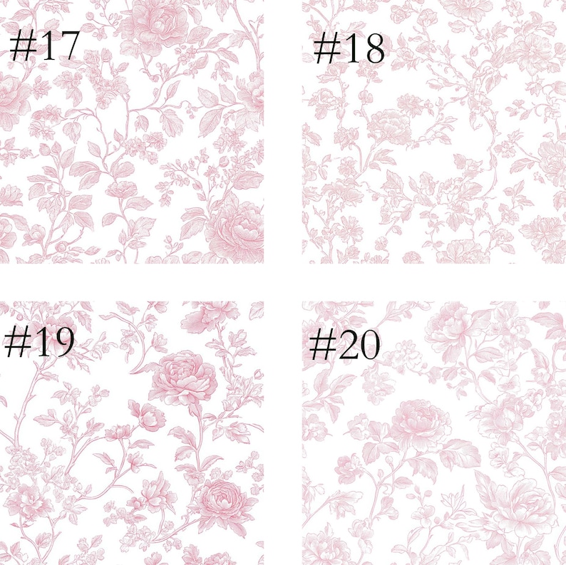 May include: Four sections of floral wallpaper samples. Each sample features a different pink floral pattern on a white background. The samples are labeled with the numbers #17, #18, #19, and #20.