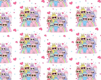 かわいいラブブファミリー漫画生地 - 純綿生地、1/2ヤード単位
