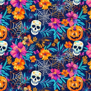 Halloween Skull  With Pumpkin Floral Fabric-Pure Cotton Fabric,By 1/2 yard