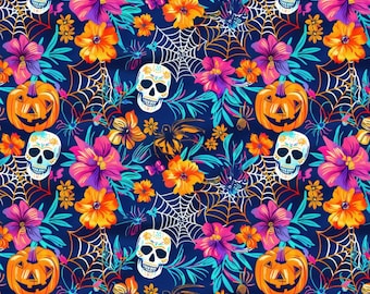 ハロウィンのスカルとカボチャの花柄生地 - 純綿生地、1/2ヤード