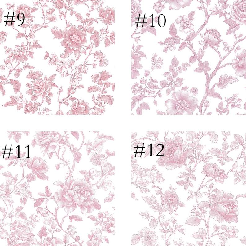May include: Four close-up images of floral patterns in shades of pink and white. Each image features a different arrangement of flowers, leaves, and branches. The images are labeled with the numbers #9, #10, #11, and #12.