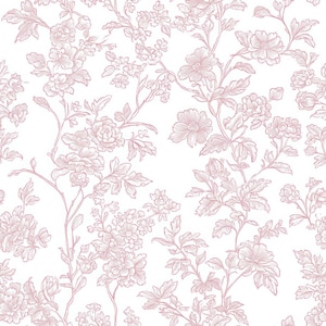 May include: A seamless pattern featuring a delicate floral design in a soft pink hue against a white background. The pattern showcases detailed line art of various flowers, leaves, and winding stems, creating an elegant and timeless aesthetic.