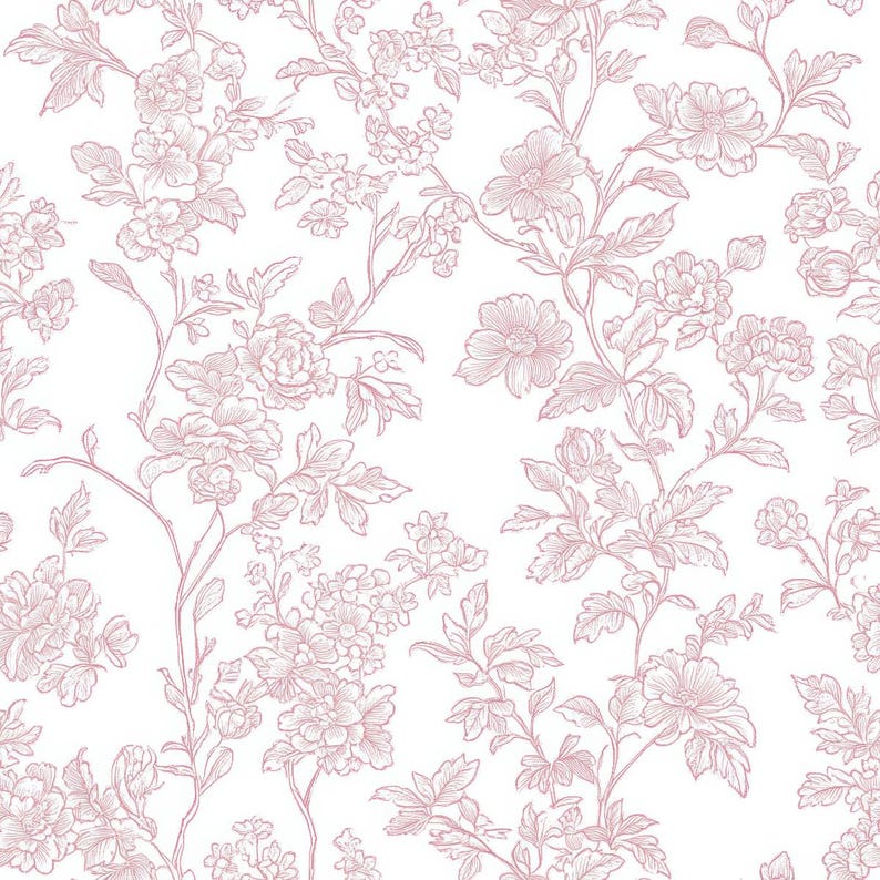 May include: A seamless pattern featuring a delicate floral design in a soft pink hue against a white background. The pattern showcases detailed line art of various flowers, leaves, and winding stems, creating an elegant and timeless aesthetic.