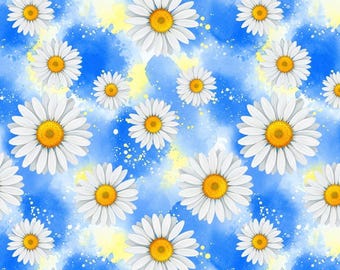 Sommer Gänseblümchen Blume Blau Floral Baumwollstoff aus reiner Baumwolle Stoff, durch 1/2 Hof