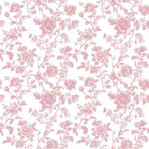 May include: A seamless pattern featuring a repeating floral design. The pattern showcases detailed illustrations of roses and other flowers in a soft pink hue against a white background. The floral elements are connected by delicate stems and leaves.