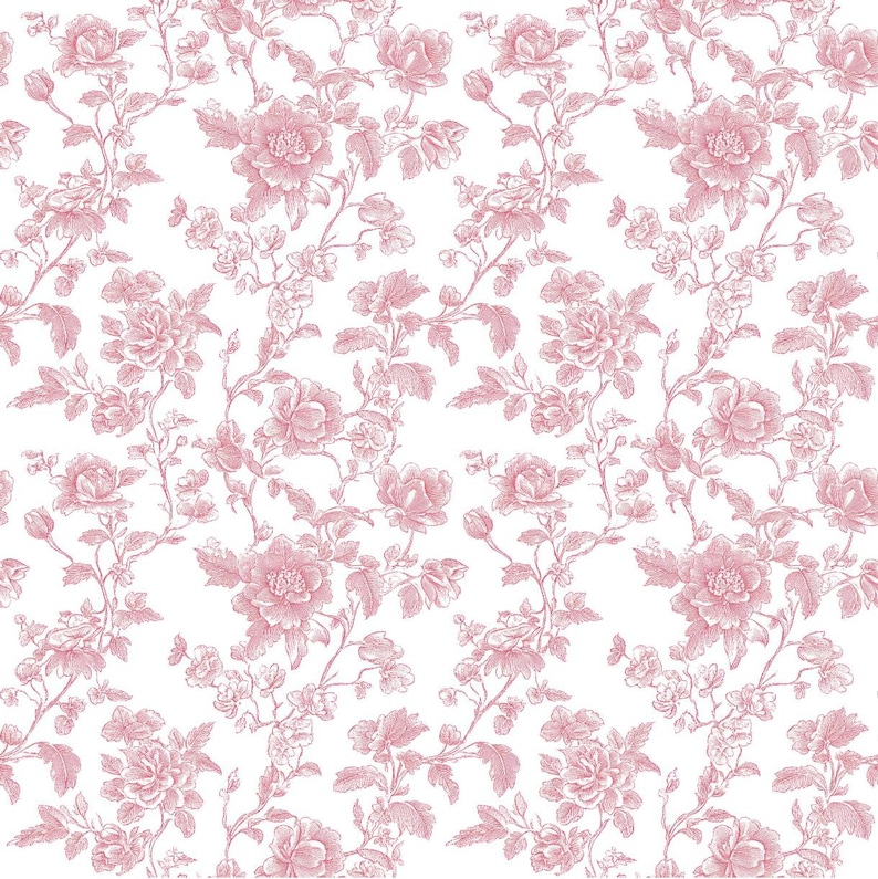 May include: A seamless pattern featuring a repeating floral design. The pattern showcases detailed illustrations of roses and other flowers in a soft pink hue against a white background. The floral elements are connected by delicate stems and leaves.
