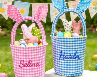 Personalized Easter Basket,Embroidered Kids Bunny Basket,Easter Egg Hunt,Easter Gift for Girls Boys