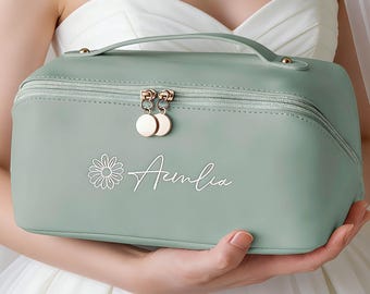 Personalized Embroidered Leather Makeup Bag, Mothers Day Gift for Her, Large Toiletry Organizer for Bride & Bridesmaid Gifts