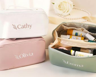 Personalized Makeup Bag with Handle, Bridesmaid Proposal Gift, Sage Green Toiletry Bag, Custom Cosmetic Case, Wedding Party Favor