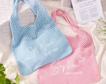 Personalized Knitted Tote Bag with Name,Custom Crochet Beach Bag,Bridesmaid Gift,Gift for Her