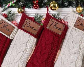 Personalized Knit Christmas Stocking:2025 Engraved Leather Patch Stockings,Family Holiday Decor