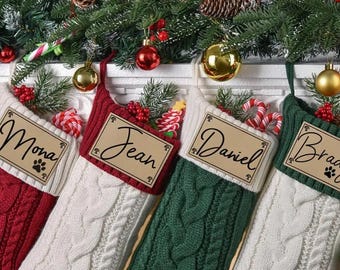 2025 Knit Family Stockings,Engraved Leather Patch Christmas Stockings with Name,Family Stocking Set,Holiday Decor Gift,Christmas Ornaments
