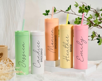 Personalized Tumbler With Lid And Straw, Custom Cup With Name,Bridesmaid Proposal, 16 Oz Skinny Tumbler,Bachelorette Party,Wedding Cups Gift