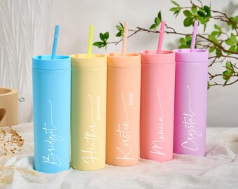 Personalized Skinny Tumbler, Bridesmaids Gifts, Bridesmaid Tumbler with Straw, Custom bridal cup, Bachelorette Party, Wedding Party Gifts