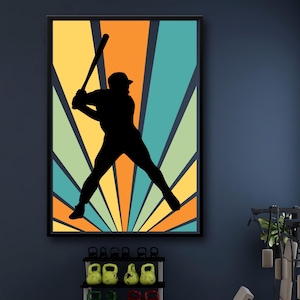 Baseball Silhouette Wand Kunst Retro Junge Sport Dekor Spielzimmer Druckbare Sport Digitale Kunst Geschenk für Baseball Liebhaber Kinderzimmer Teenager Mannhöhle