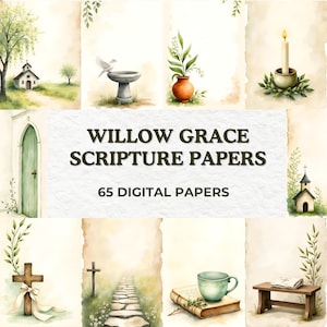 May include: Watercolor digital papers with religious themes. The image features various illustrations including a church, a dove, a candle, a cross, and a teacup. Text reads "Willow Grace Scripture Papers" and "65 Digital Papers."