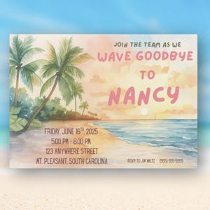 10 invitaciones de jubilación en la playa / Tarjeta de fiesta con atardecer en acuarela impresa / Celebración de jubilación tropical / Invitación de despedida personalizada