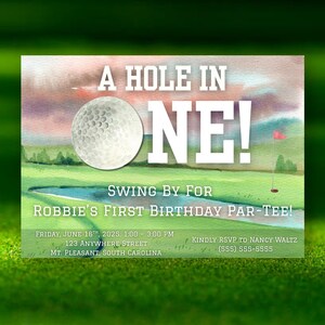 Hole in One Birthday Invitation | Golf Themed First Birthday Party Invite | Custom Printed Infant Baby Child Kid or Adult Golf Birthday Card