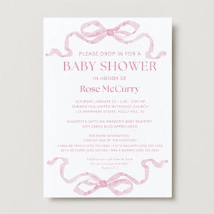 Pink Bow Ribbon Baby Girl Shower Invitation | Custom Printed Baby Shower Invite | Elegant Design | Personalized Cards | Postage Included