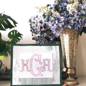 Custom Monogram Needlepoint Canvas — Personalized 3-Letter Script Initials | 14 Mesh Beginner Kit with DMC Thread | Wedding & Heirloom Gift