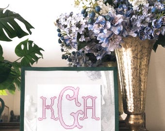 Custom Monogram Needlepoint Canvas — Personalized 3-Letter Script Initials | 14 Mesh Beginner Kit with DMC Thread | Wedding & Heirloom Gift