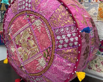 Embroidered Patchwork Pouf Cover: Boho Ottoman Floor Pillow