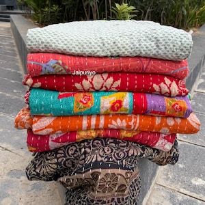 Handmade Vintage Kantha Quilt: Reversible Boho Bedspread
