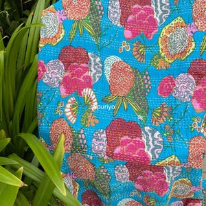Indian Cotton Floral Kantha Quilt Bedspread Ethnic Bedding Throw Handmade Bohemian King Size Quilted Coverlet Printed Quilt Reversible