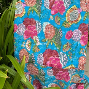 Handmade Floral Print Kantha Quilt Indian Cotton Throw Blanket Quilt Kantha Bedspread Bedding Covers Twin Coverlet Quilt for sale