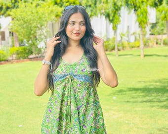 Vintage Inspired Paisley Mini Dress, Handmade Silk Boho Dress, Indian Printed Clothing, Festival Outfit, Summer Dress