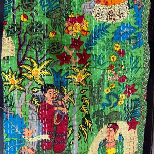 Frida Print Indian Kantha Quilt Bohemian Kantha Quilts Handmade Quilts Indian Kantha Throw Blanket Bedspread Quilting Bed Cover