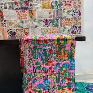 Indian handmade cotton Floral  kantha blanket, throw reversible, quilt printed, cotton fabric kantha,  throw Bedding Quilt