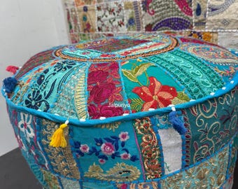 Bohemian Patchwork Pouf Cover: Embroidered Indian Floor Cushion