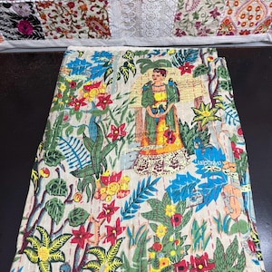 Indian Cotton Floral Kantha Quilt  Bedspread Ethnic Bedding Throw Handmade Bohemian King Size Quilted Coverlet Printed Quilt Reversible